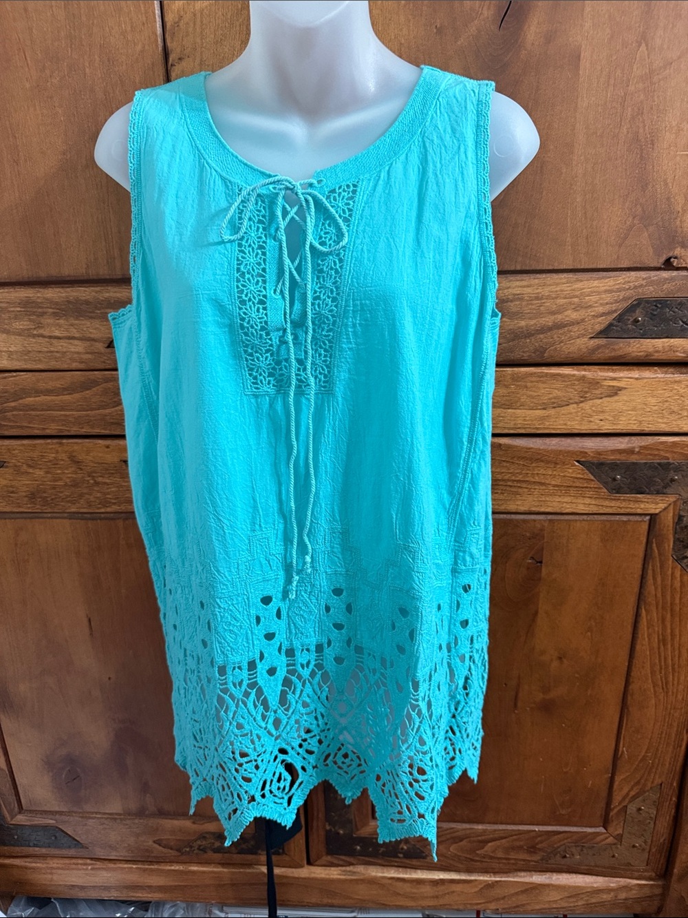 Miss Kelly 1999 blue Crochet Hem Sleeveless Tunic / bathing suit cover Large NWT